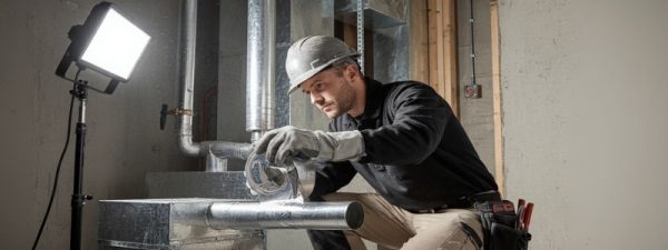 Worker applying foil tape to small metal duct 800x300 副本