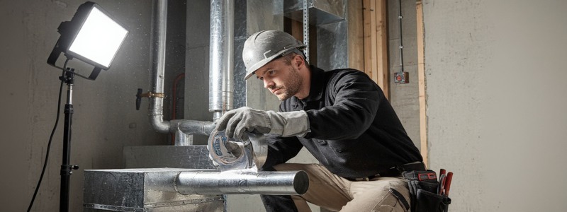 Worker applying foil tape to small metal duct 800x300 副本