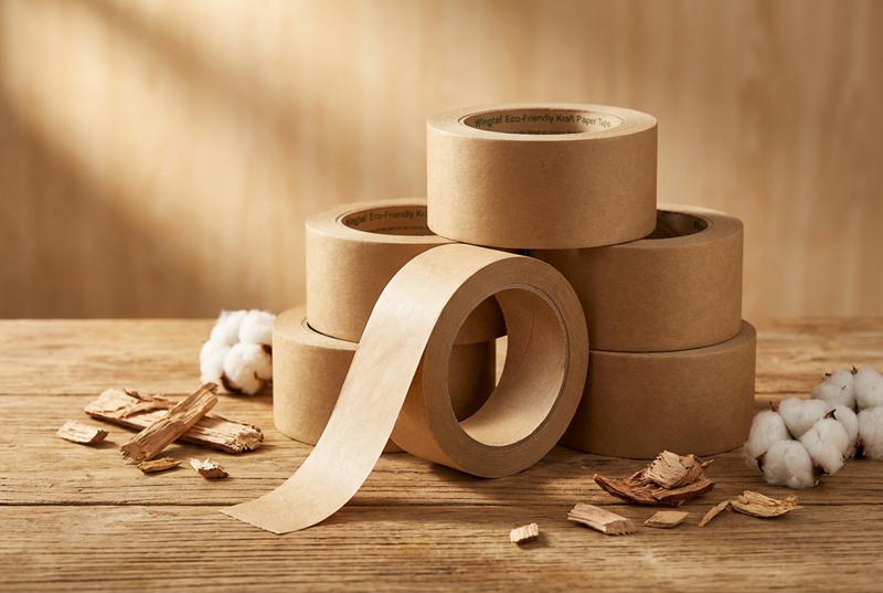 Rolos de fita de papel kraft sustentável exibidos com materiais naturais de algodão e madeira.