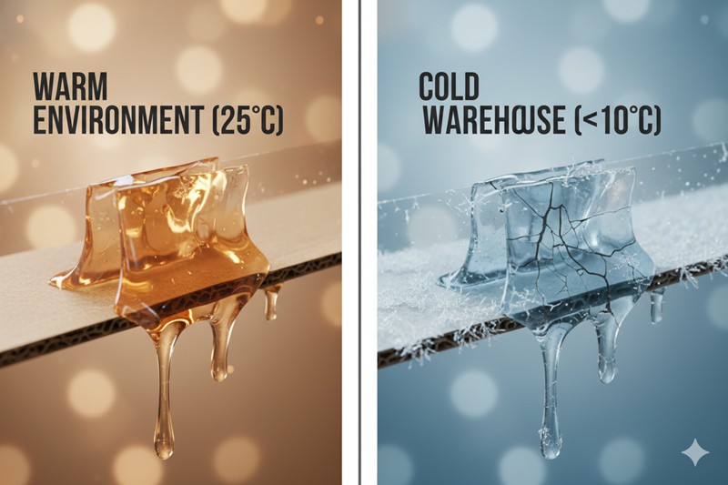Comparison showing adhesive melting in heat versus cracking in cold warehouse temperatures.