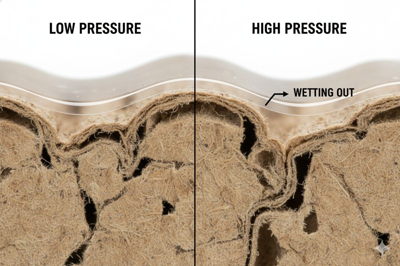 Microscopic cross-section comparing low versus high pressure effects on adhesive bond strength.