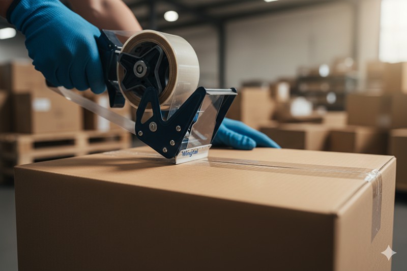 Warehouse worker wearing gloves sealing a shipping box using a handheld tape dispenser.