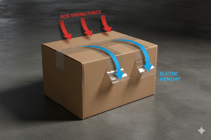 Diagram illustrating box spring force opposing tape elastic memory causing adhesion failure.