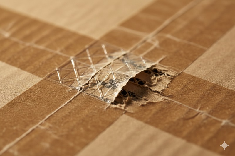 Close up shot of water activated tape showing the fusion with the box fibers