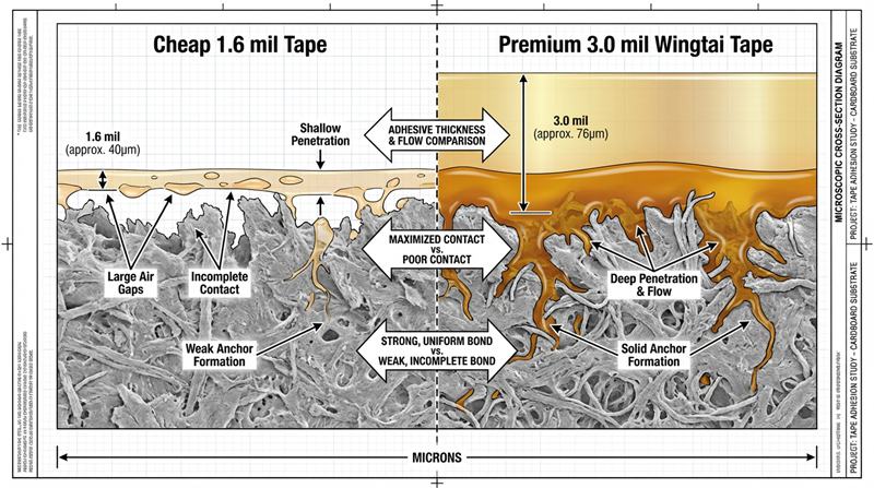The microscopic cross section comparison showing the dramatic difference between showing the dramatic the cheap 1.6 mil tape and the premium 3.0 mil